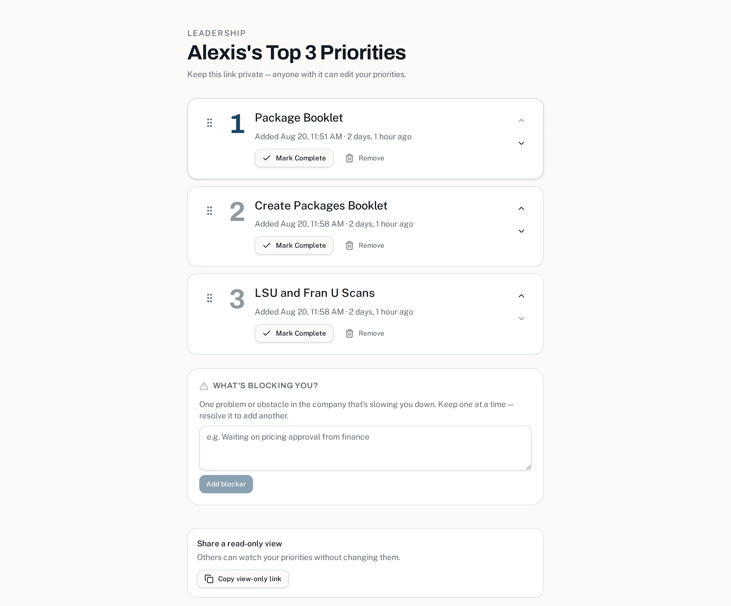 A team member's private priority page with three numbered priorities, complete and remove actions, and a blocker box