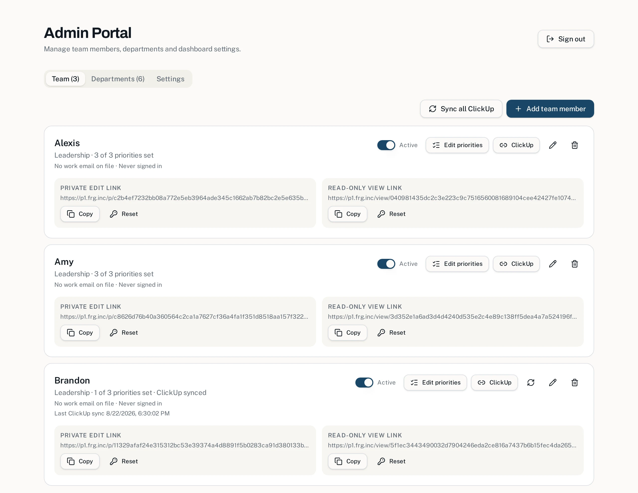 Admin portal listing team members with private edit links, read-only view links, ClickUp sync status, and edit controls