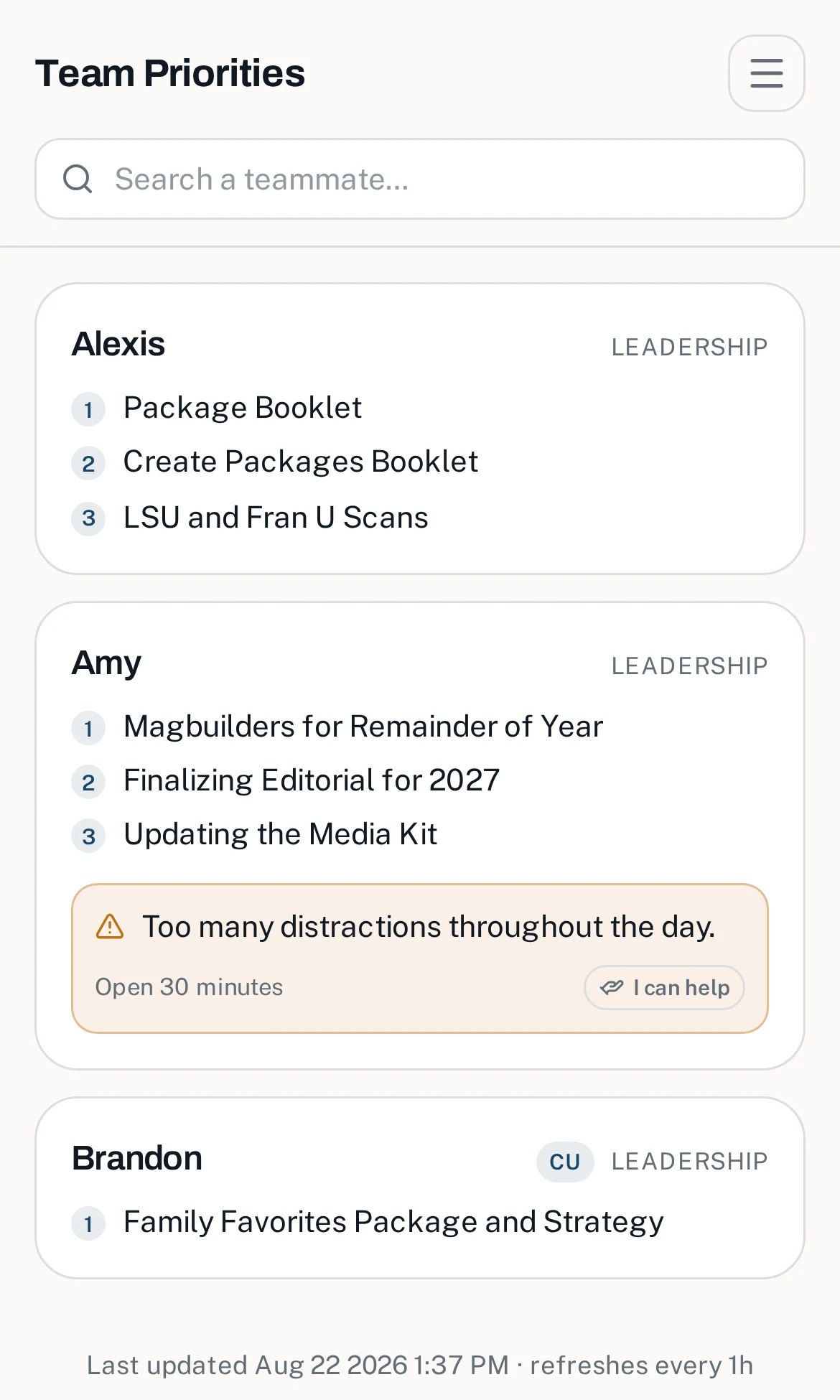 Mobile board on a phone showing a teammate search bar and priority cards with an I can help button on a blocker