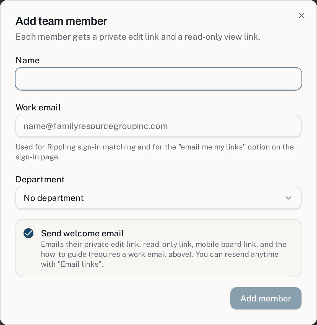 The Add team member dialog with name, work email, department, and a Send welcome email checkbox