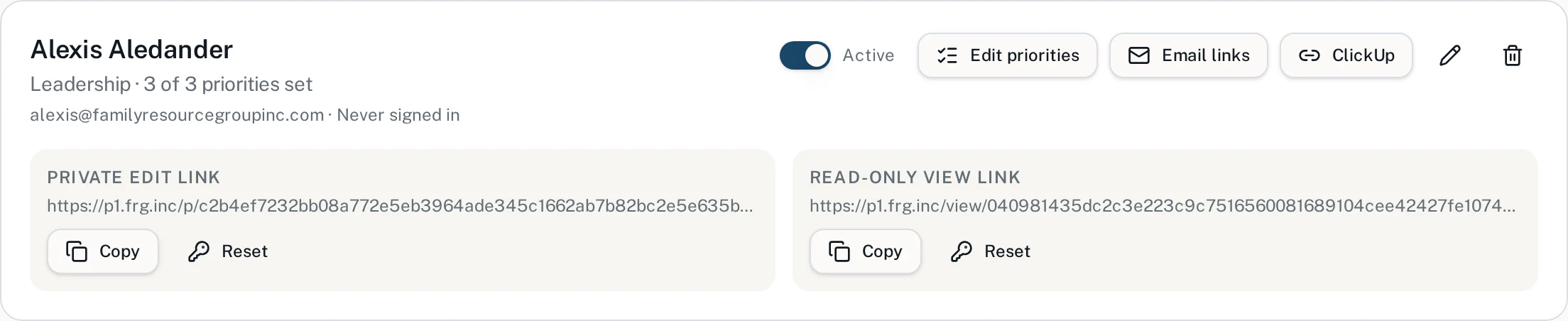 A team member row in the Admin Portal showing the private edit link, read-only view link, and an Email links button