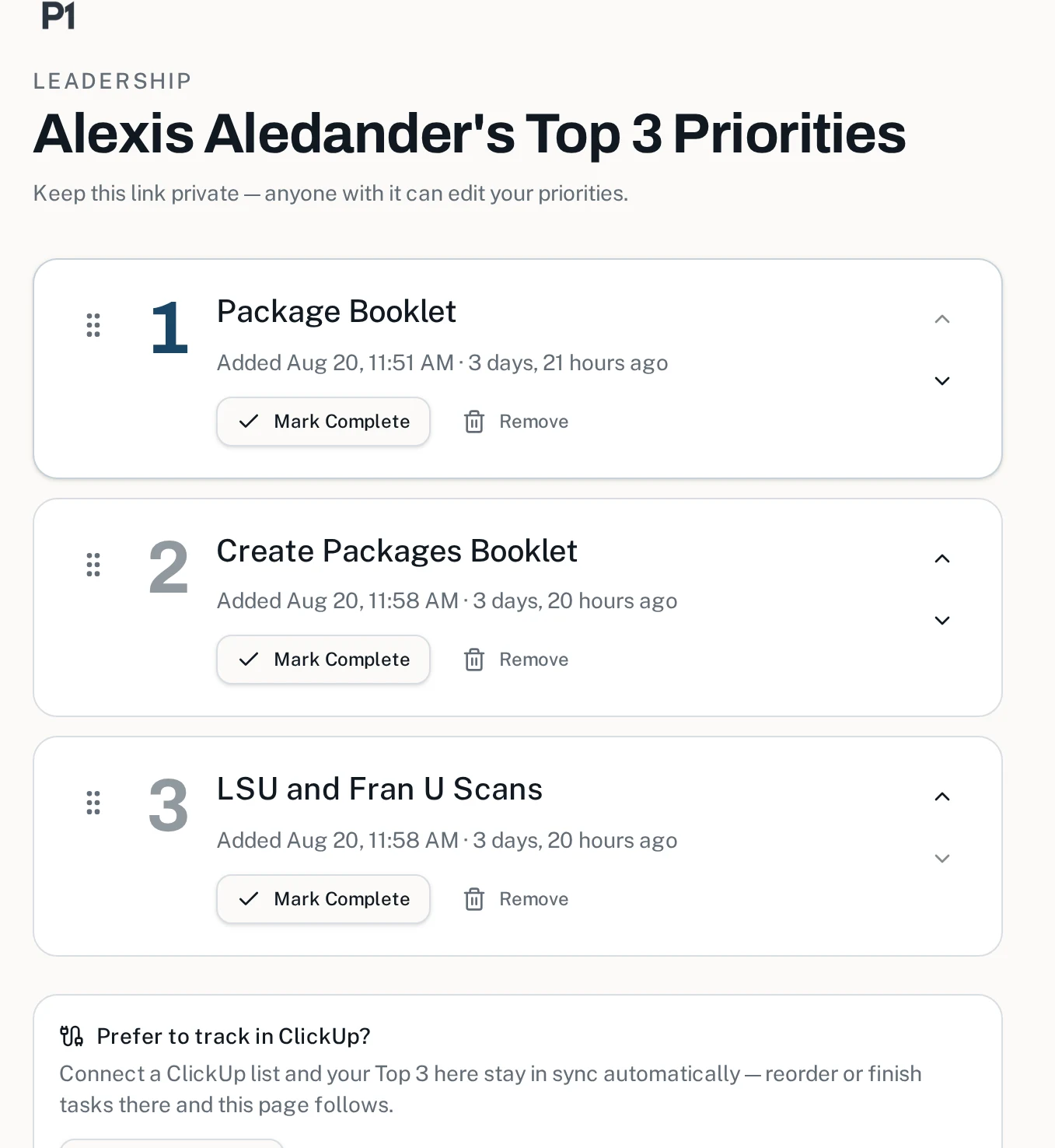 A team member's private page with three numbered priorities, each with mark complete and remove actions
