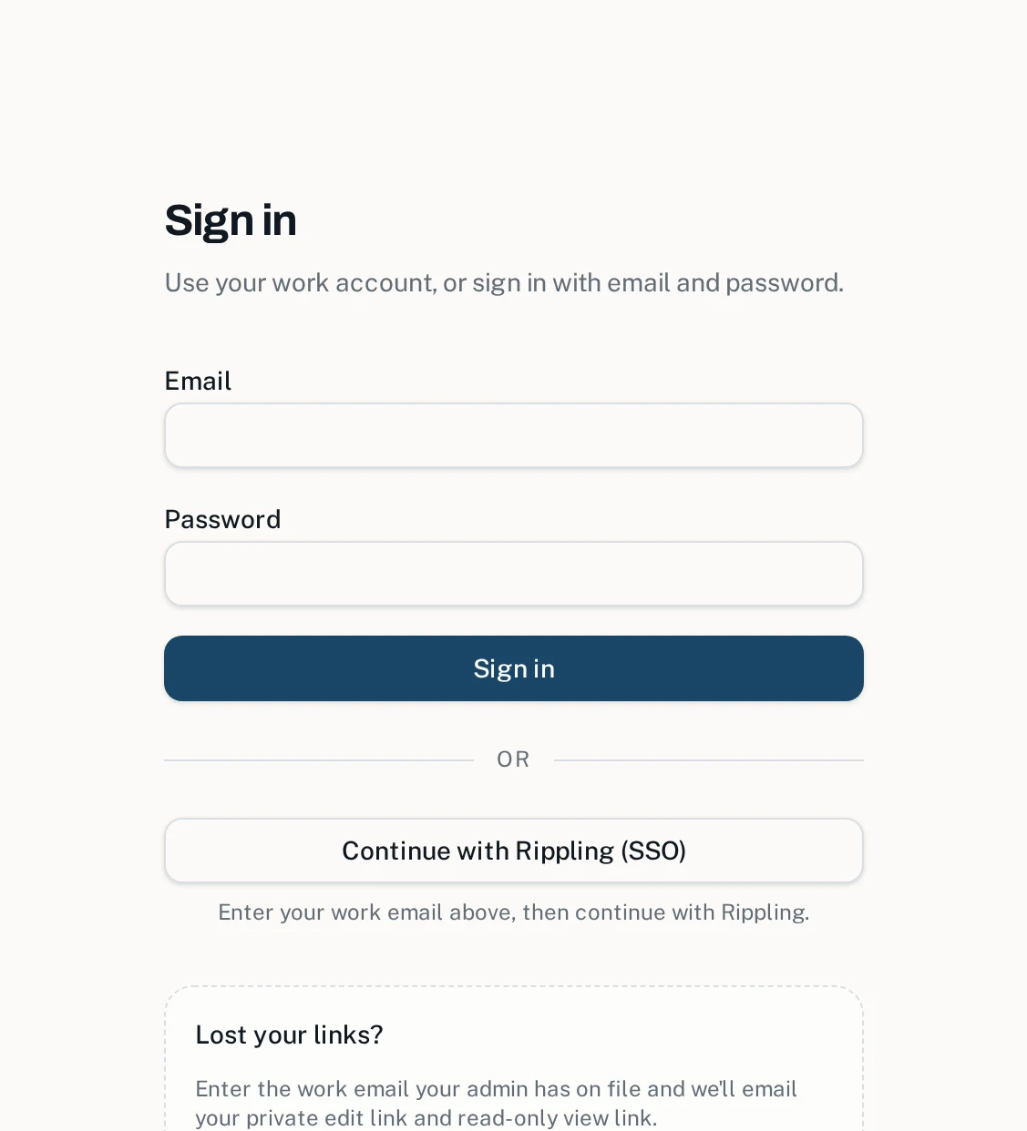 The sign-in page with email and password fields and a Continue with SSO option